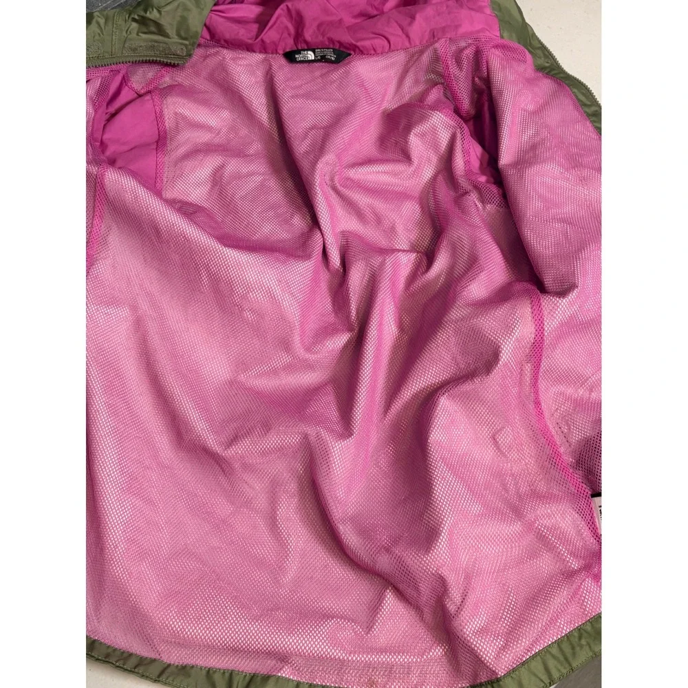 The North Face Girls Olive Green Pink Mesh Lined Hooded Rain Jacket Size L 14/16